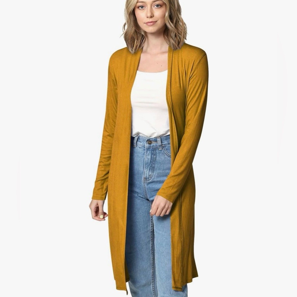 Solid Long Sleeve Open Front Long Cardigan -mustard - Picture 1 of 5